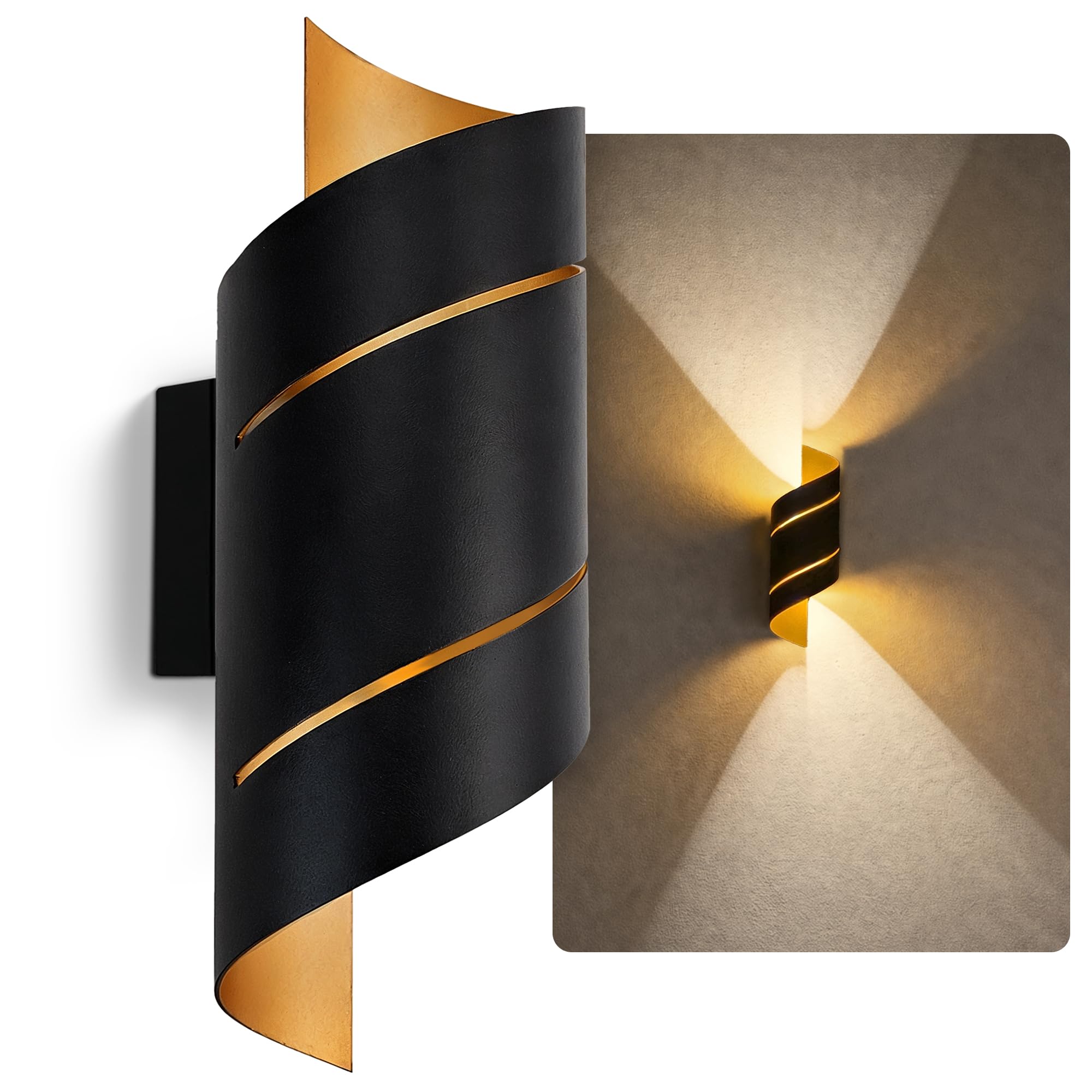 SSC-LUXon REVIA Wandleuchte schwarz-gold 30cm Up & Down warmweiß IP65 | Wandleuchte schwarz-gold mit Spiral-Design - warmweißes Up-Down-Licht, für Innen & Außen, Hauswand, Treppenhaus & Flur, IP65