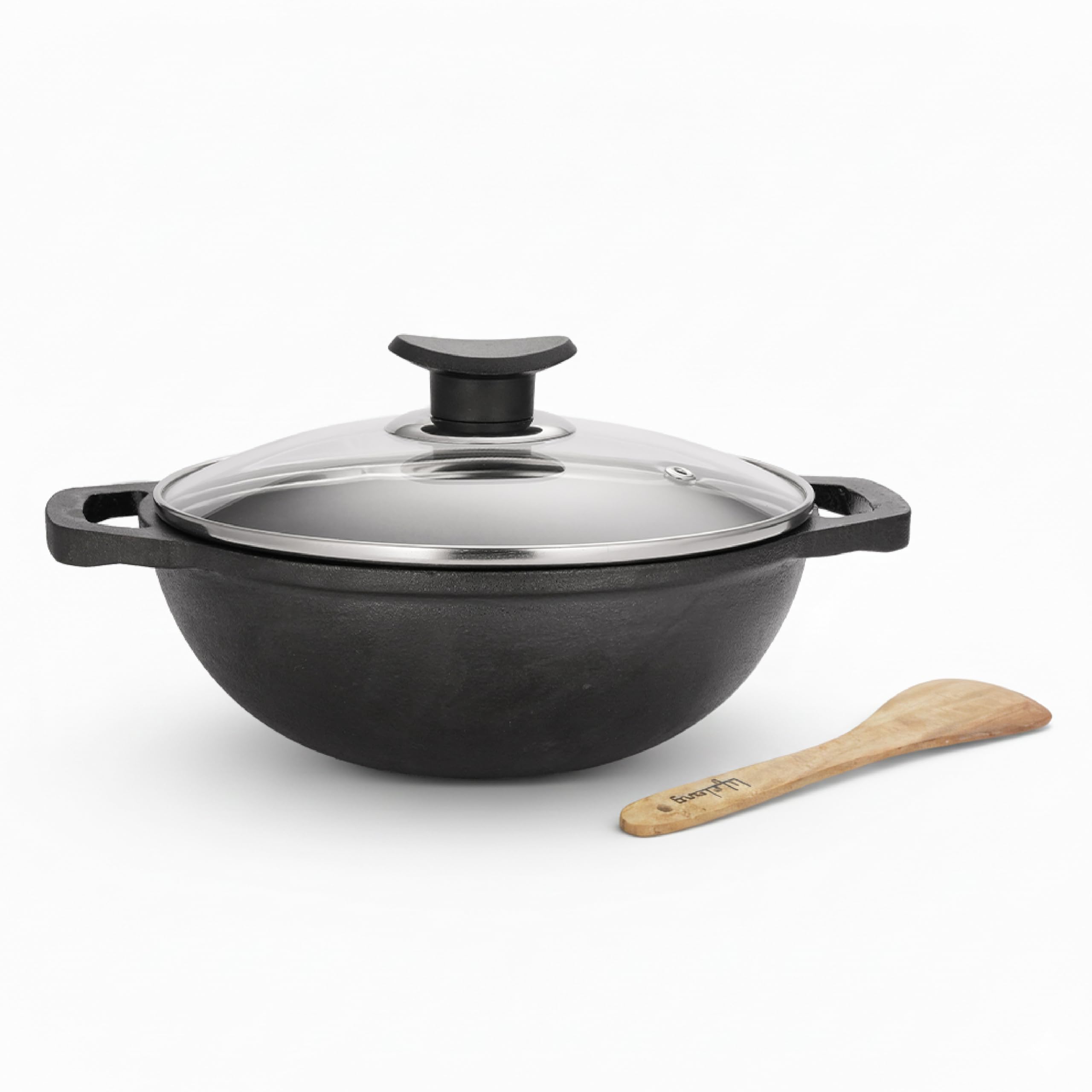 Cast Iron Kadhai 24cm with Glass Lid & Wooden Spatula | 3.3L, 2.4kg | Pre-Seasoned, Even Heat Distribution, Toxin & Teflon Free, Non-Stick, & Durable | Perfect for Cooking, Searing & Stewing