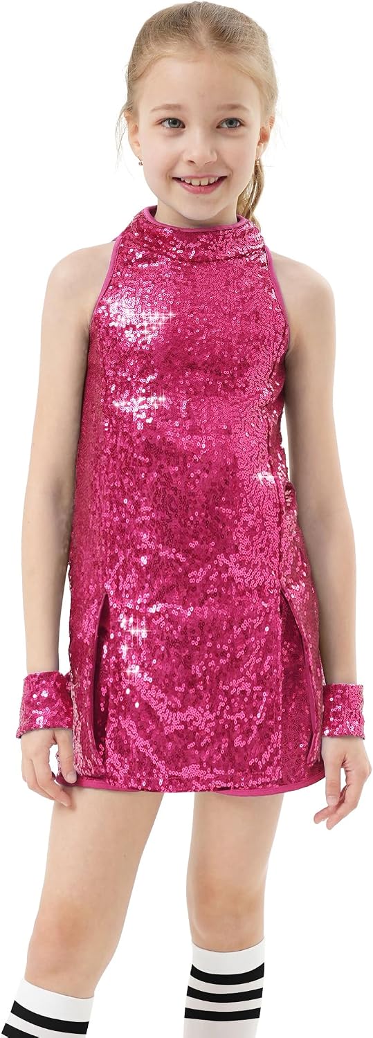 Girls Sequins Dance Outfit Dress Kids Sparkle Jazz Singer Star Costume Top Shorts 4PCS Set 3-14 Years