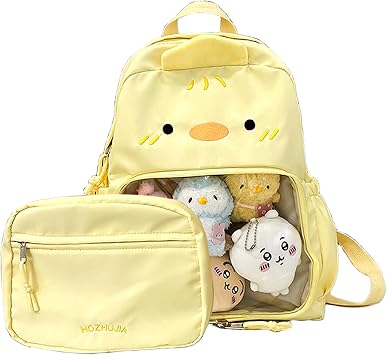 Kawaii Chick Backpack with Detachable Front Pocket Casual Comic Cat Face Design Ita Bag for Conventions and Everyday Use 13L Yellow-Chick