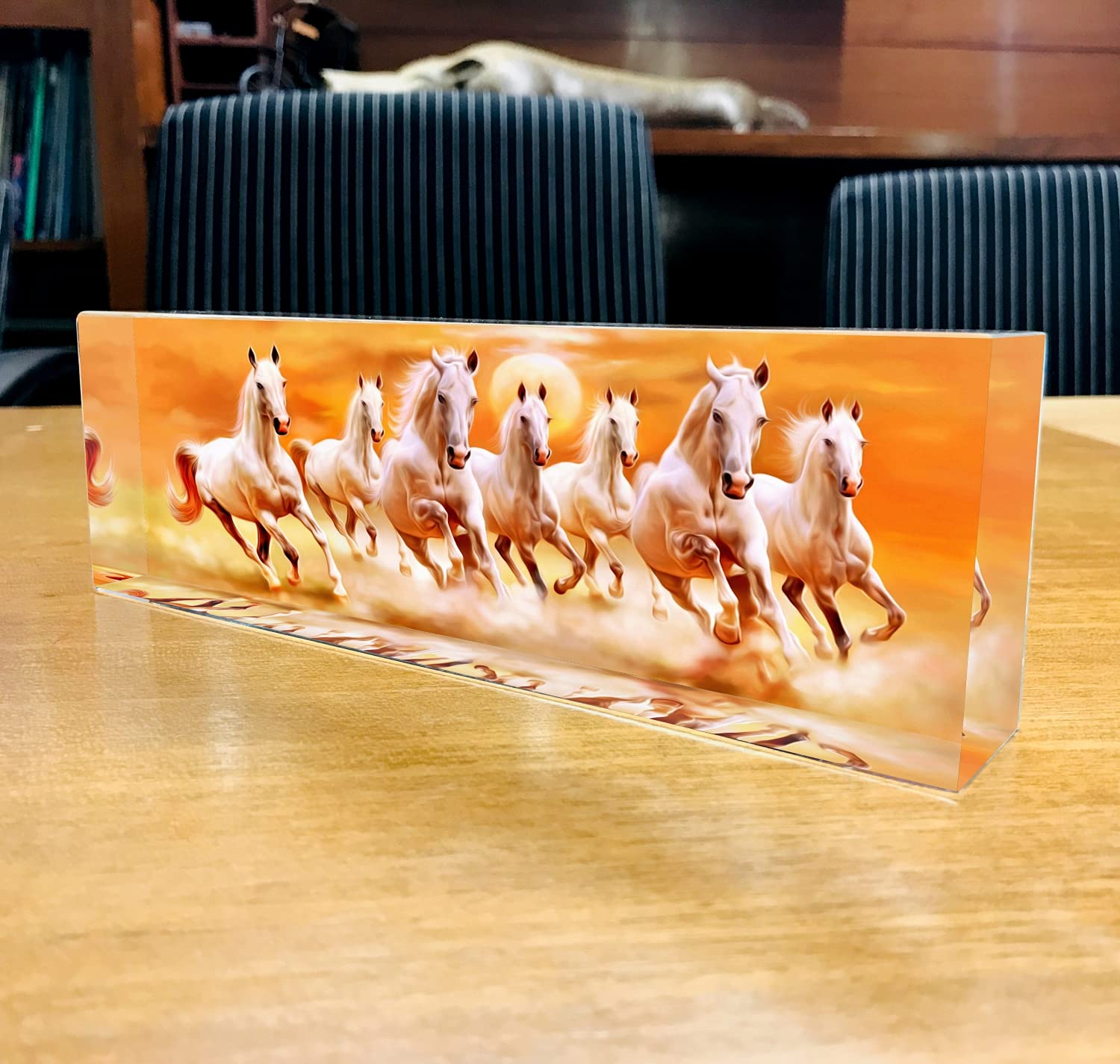 Seven Running Horses, Vastu Sunrise Animal Scenery On Crystal Clear Acrylic Glass Block, Home Decoration, 7 Horses Plaque for Decoration in Size 12 X 3 X 1.25 Inches