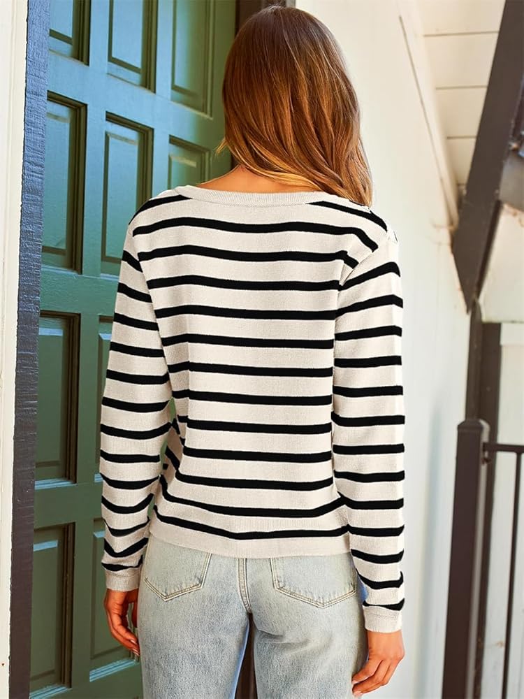 Aueoeo Women's Casual Striped Cardigan Sweaters Long Sleeve Crew Neck Lady Jacket Button -Down Open Front Coat Green S, Size: Small