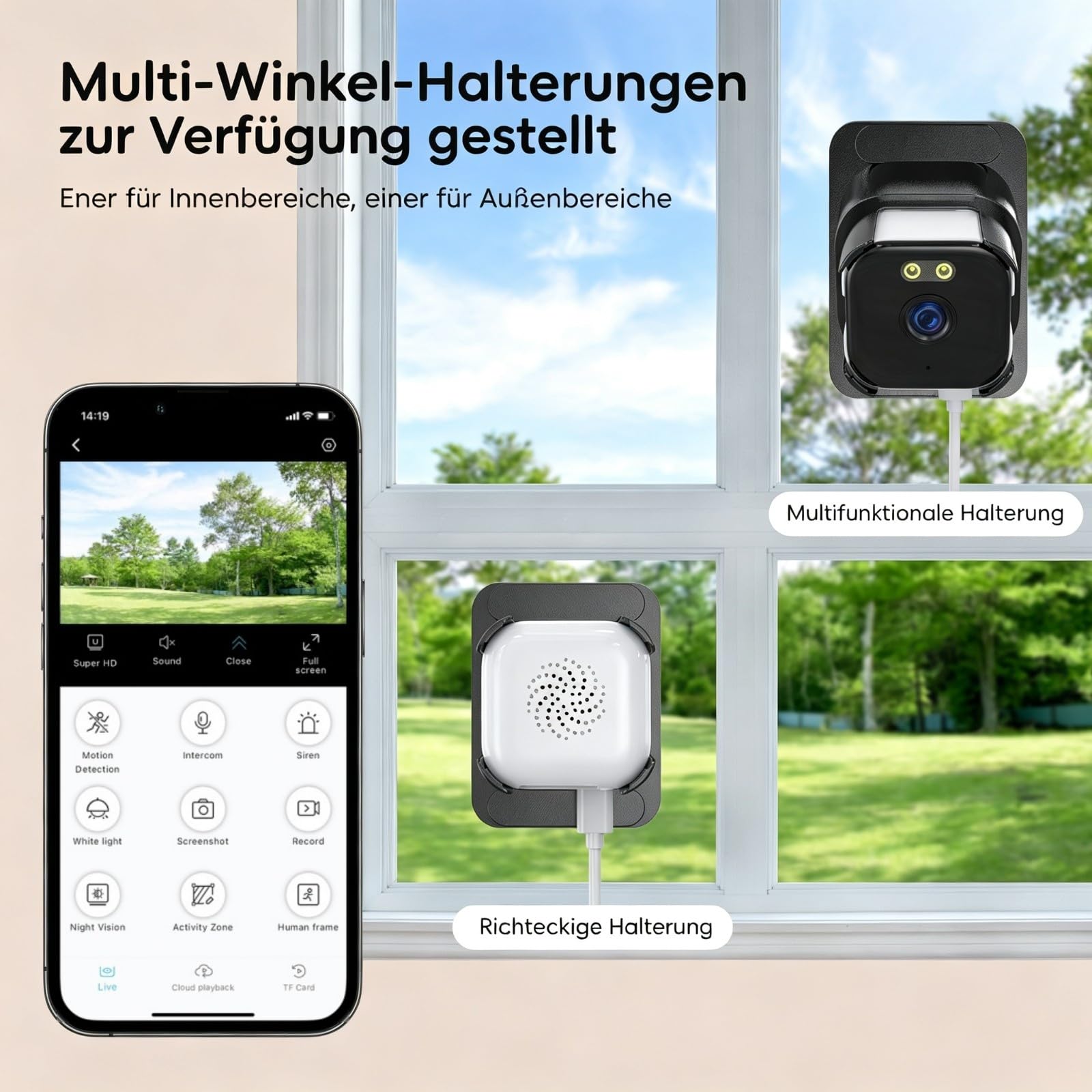 ANYQOO Fensterkamera Innen, 3MP 2K 2,4G & 5GHz Dualband WiFi, 2er-Pack | KI-Farbnachtsicht, 108° Weitwinkel, 3-fach Zoom, 24/7 Aufnahme, Anti-Reflex, ohne Bohren, Personen-/Fahrzeugerkennung