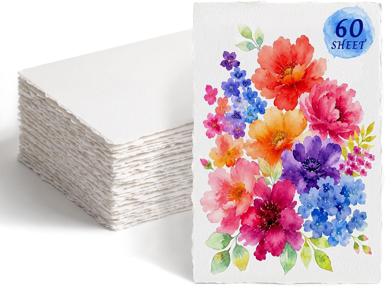Deckled Edge Watercolor Paper 4x6 Inch, 60 Sheets 300gsm Thick Cotton Blend, Handmade Torn Edge Cards for Watercolor, Calligraphy, Wedding Invitations, DIY Crafts & Postcards