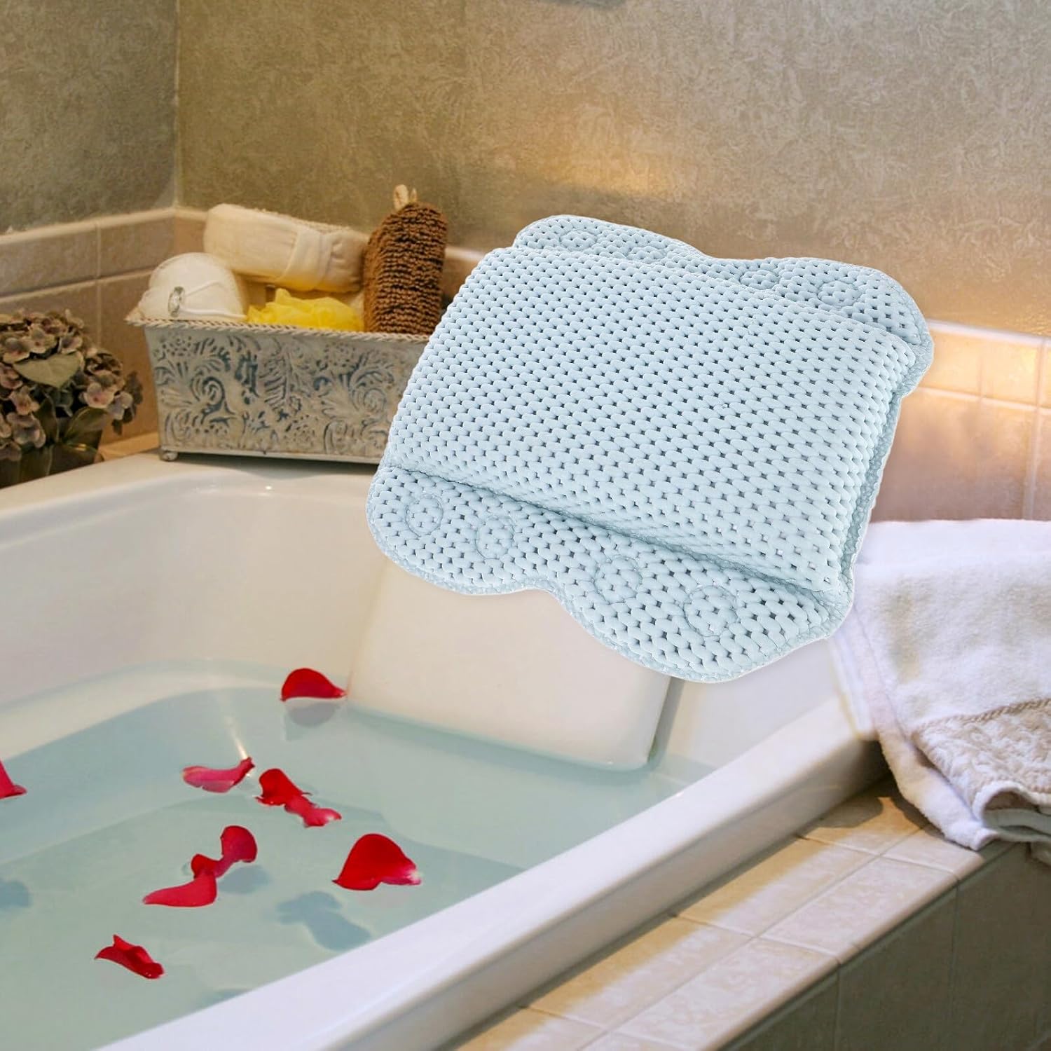 Cabilock PVC Foam Soaking Tub Pillow with Non-Slip Suction Cups, Supple Bathtub Head Rest Pad for Spa, Hotel, and Bathroom Use – Blue Small Bath Pillow for Comfortable Head Support