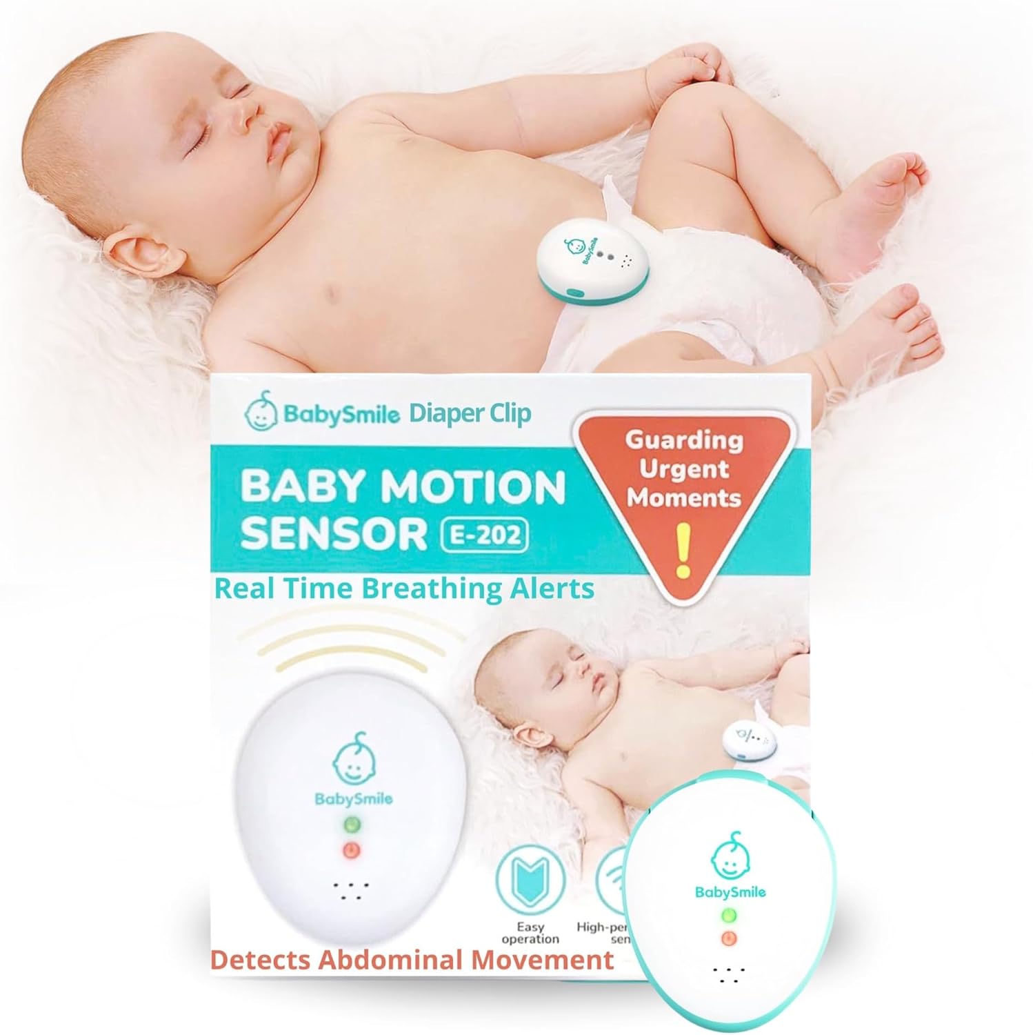 Baby Smile Baby Motion Breathing Monitor | Baby Abdominal Movement Monitor | Audible Alerts for Quick Alerts | Diaper Clip | No Bluetooth
