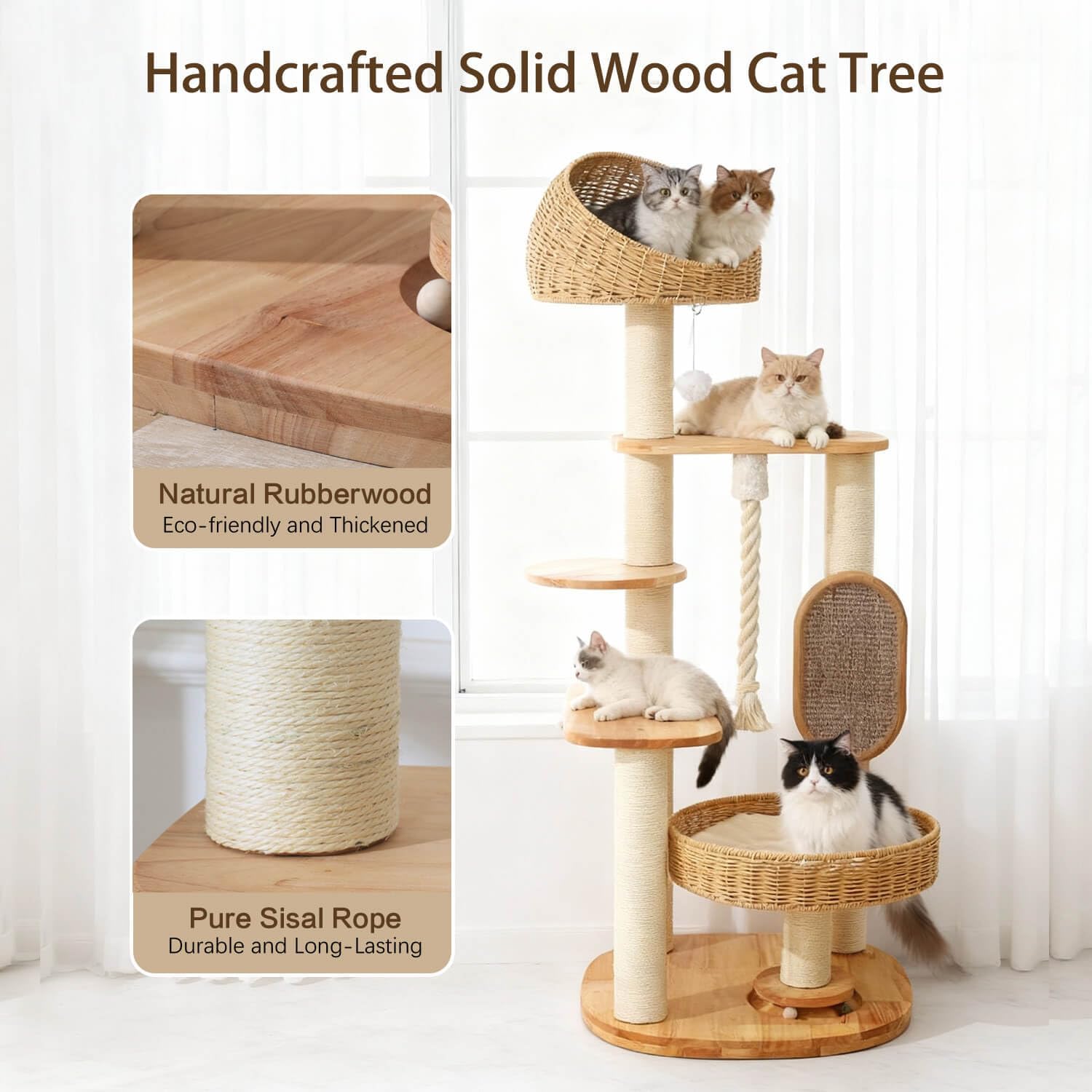 Solid Wood Cat Tree for Large Cat, 50-Inch Tall Cat Tower for Indoor Cats with Scratching Post, Multi-Level Cat Condo with Handwoven Basket, Sturdy Cat Houses Easy to Clean