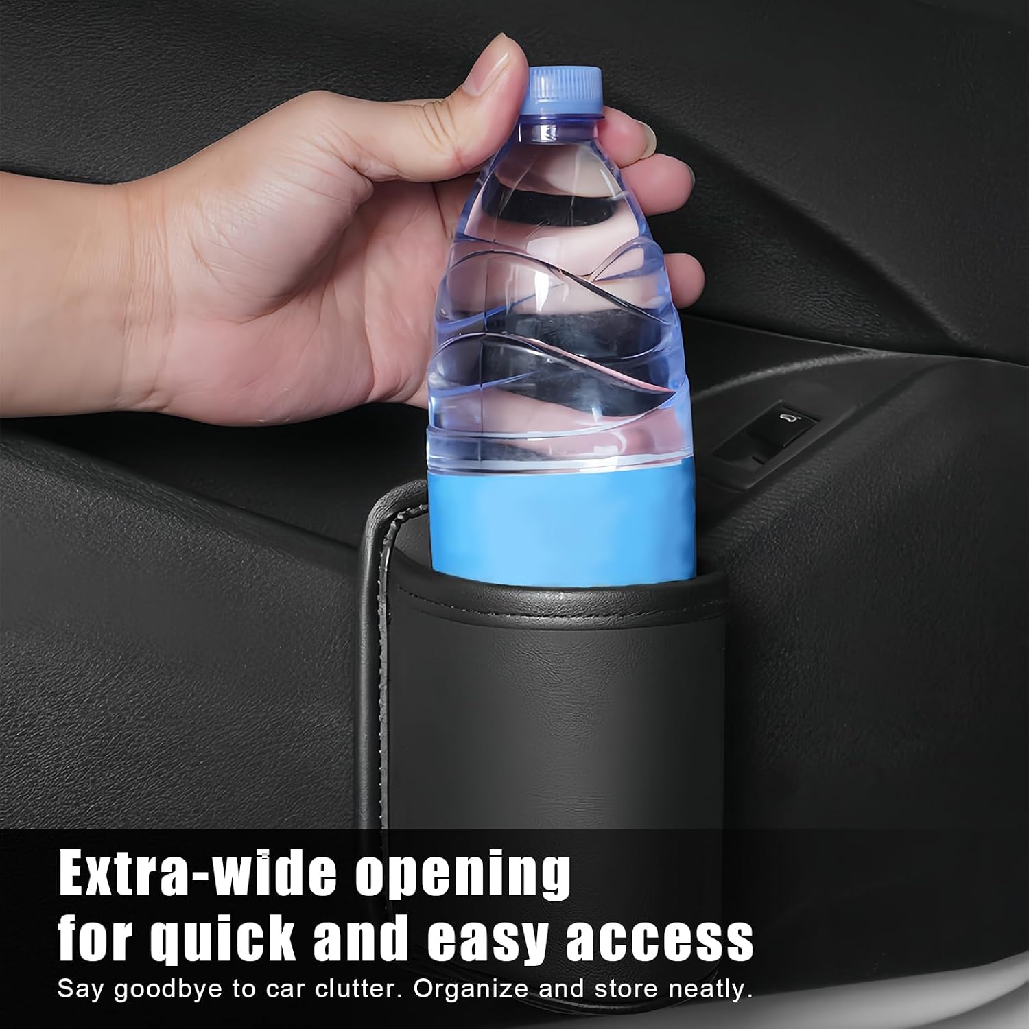 Multi-functional Car Door Hanging Cup Holder, Leakproof Leather Car Cupholder Drink Bottle Organizer with Clip-on Design, Universal Compatible with SUV Sedan Truck (Black)