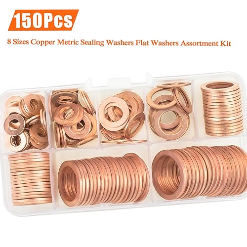 Miniatura 6 de HELIFOUNER Arandelas de cobre 150 unidades de 8 tamaños de cobre métrico arandelas planas kit surtido