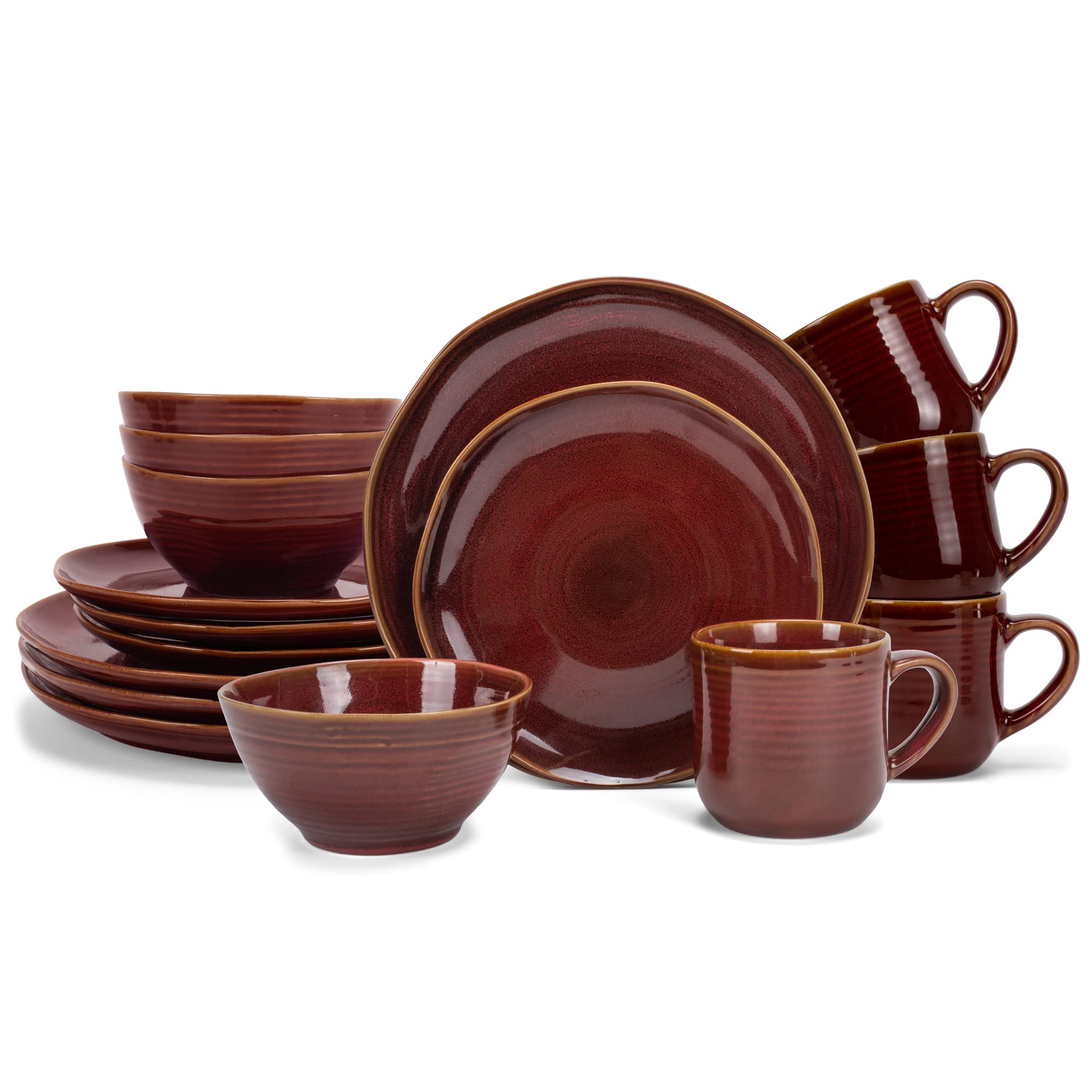 Elanze Designs Reactive Glaze Farmhouse Rustic Boho Ceramic Stoneware Dinnerware 16 Piece Plate Bowl Mug Dish Set - Service for 4, Burnt Auburn Red