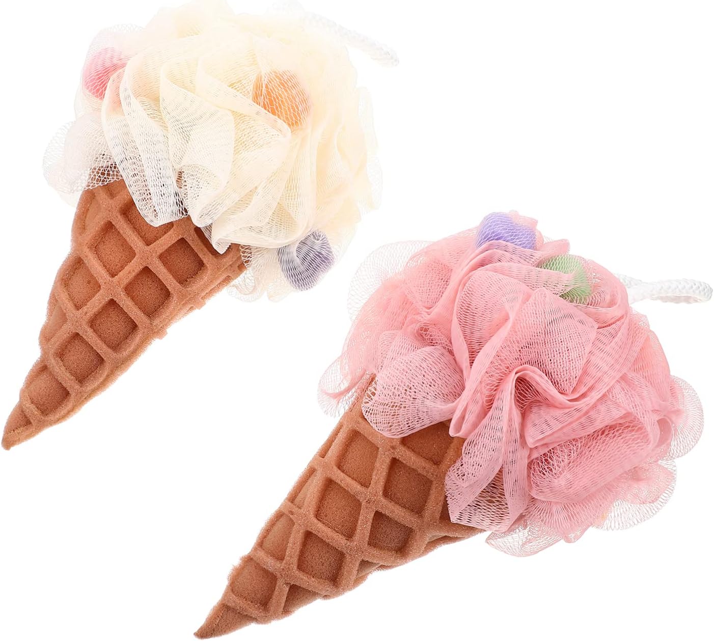 EXCEART 2 Pcs Household Loofah Sponge Ice Cream Shower Balls with Quick-Dry Lanyard Soft Bath Sponges for Gentle Exfoliating and Refreshing Shower 11.02 X 4.72 Inch