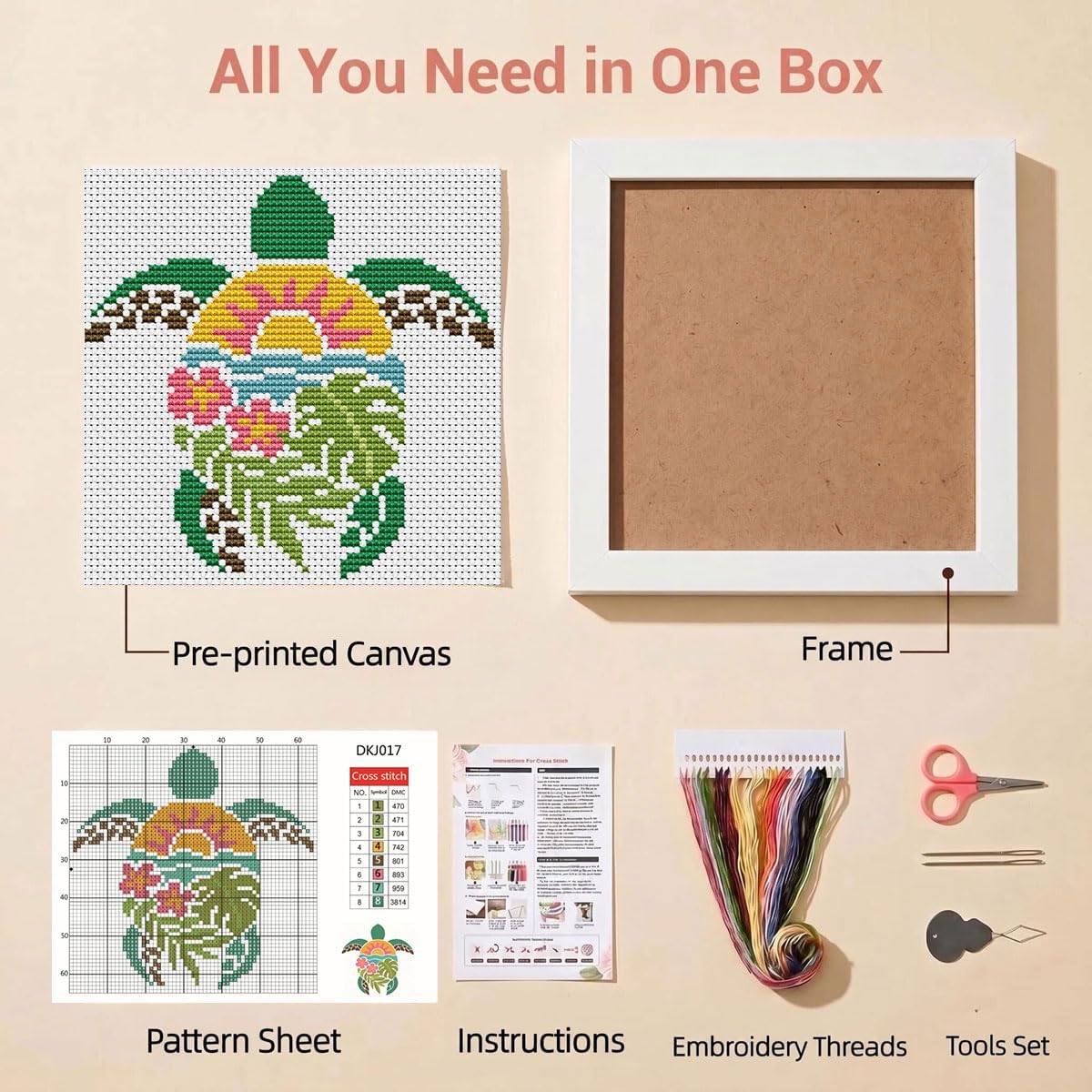 Sea Turtle Stamped Cross Stitch Kits for Beginners Adults with Framed
