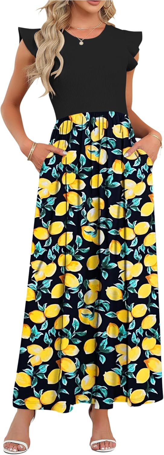 MISFAY Women's Ruffle Sleeve Maxi Dresses Casual Crewneck Long Dress with Pockets - Image 2