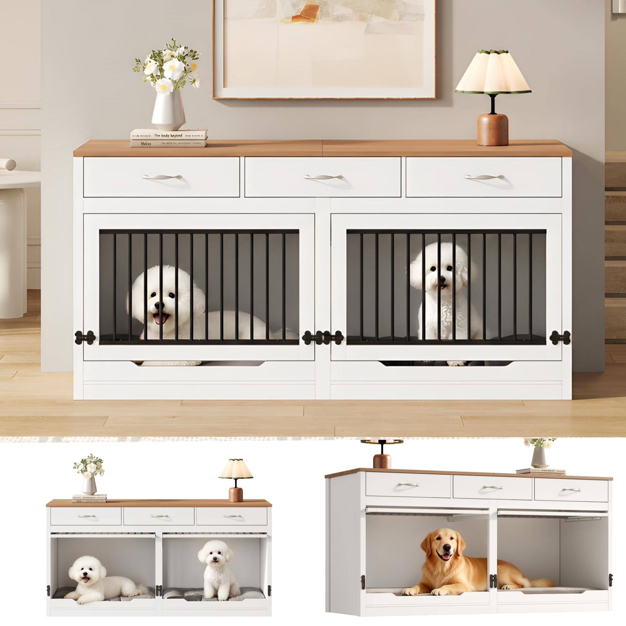 Mrwoo Hundebox Hundekäfig Möbel mit 3 Schubladen, Innen-Hundehütte mit Klappdeckel und Abnehmbare Trennwand Luxus Hundevilla, als Beistelltisch für Wohnzimmer, Holz & Metall, Natural+White, 164×60×81