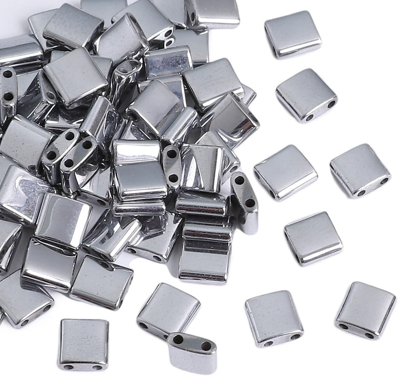 Platinum Hematite Stone Tila Beads 5x5mm Square 2-Hole Spacer Beads for DIY Bracelet Earring Making 15.7"/Strand - Image 5