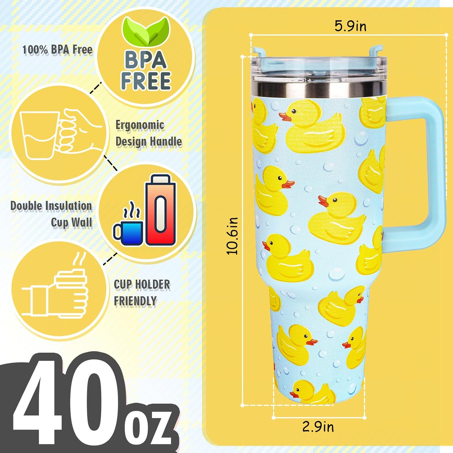 Whaline 40oz Yellow Duck Tumbler with Handle Straw and Lid Cute Animal Travel Tumbler Coffee Cup for Friend Holiday Birthday Party Favors - Image 2