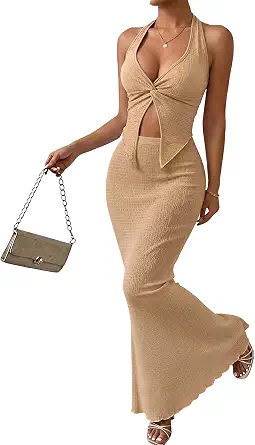 Women's Two Piece Sets Summer Going Out Beach Vacation Outfits Halter Cami Top and Maxi Skirt
