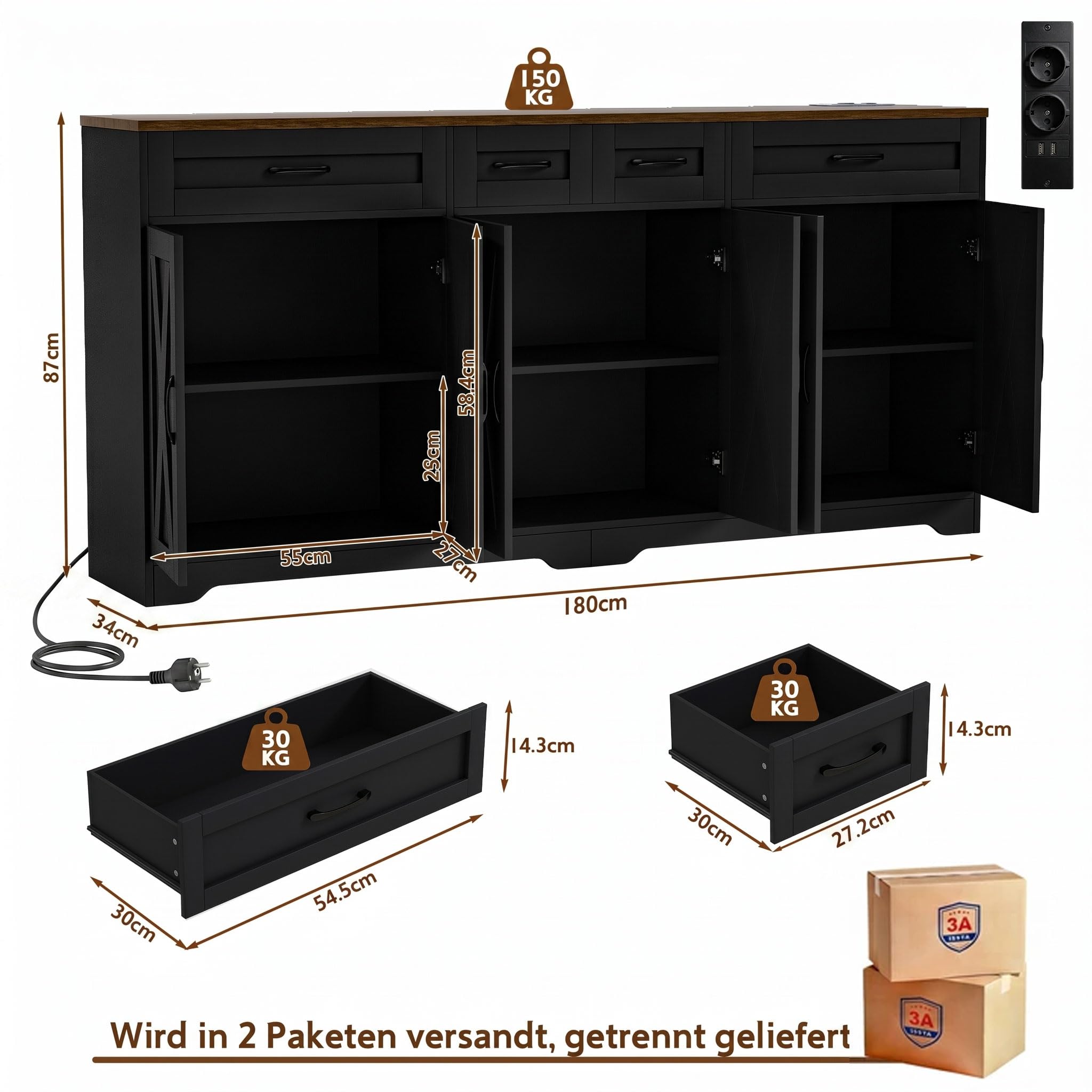 Buffet Cuisine 180 cm, Buffet Salle a Manger avec Multiprises,Noir