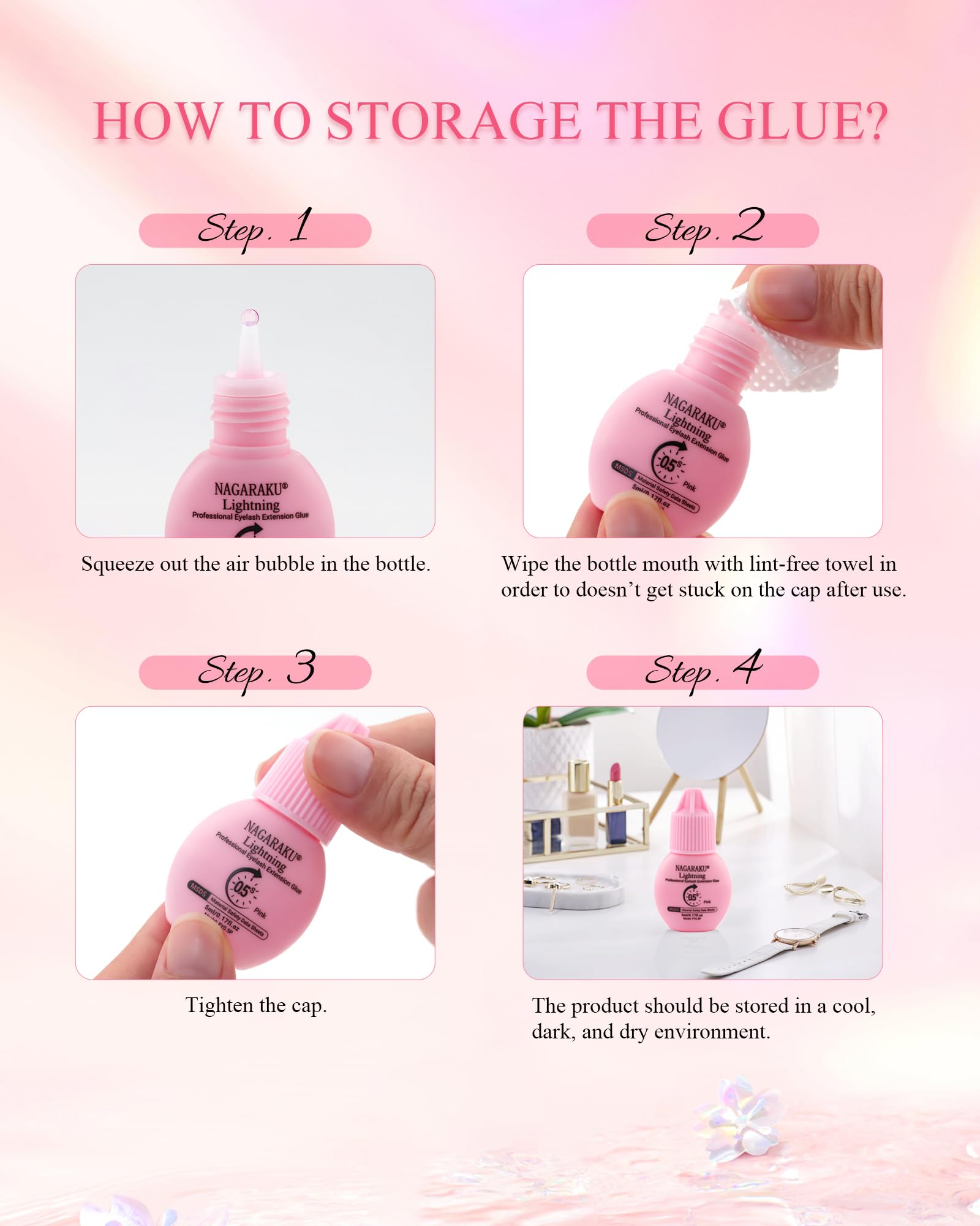 NAGARAKU Lightning Pink klej do rzęs 5 ml | 0,5 s bardzo szybkie schnięcie | utrzymuje się 6-7 tygodni | wysoka siła klejenia | trwałość 12 miesięcy | łatwy do usunięcia | nadaje się do jasnych lub