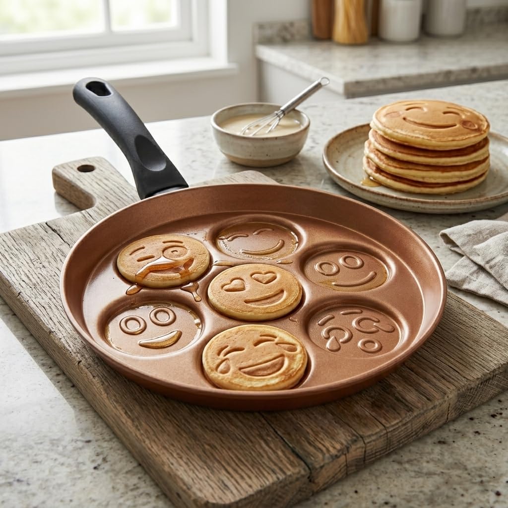 Papilla Redio Emoji Pankek ve Yumurta Tavası - 7 Bölmeli Gülen Yüz Tasarımlı, Yanmaz Yapışmaz Krep Tavası (28 cm) (BRONZ)