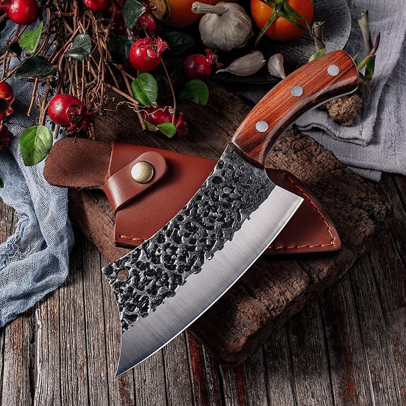 Meat Cleaver,Cleaver Knife 6.3 Inch High-Carbon Steel Kitchen Knives Meat Cleaver Chef Cutter Handmade Butcher Knife Camping Cutting Tools And Sheath, LAMAJIGA5844