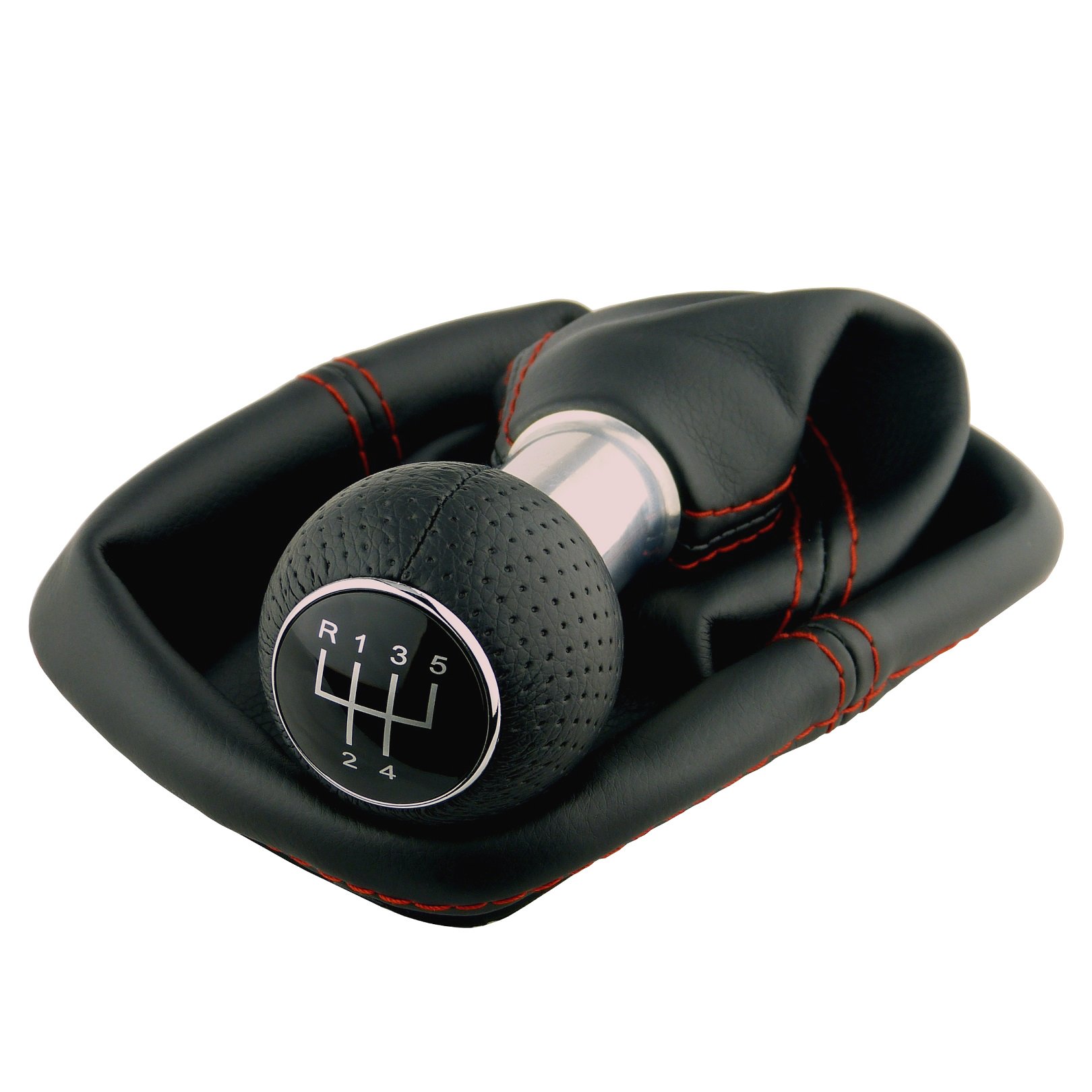 Schaltsack & Schaltknauf für VW Golf 4 IV & für Bora - 23mm - Bj. 1997 - 2006 - 5 Gang Knauf mit Rahmen - Schwarz Rot Chrom - Schaltmanschette Schalthebel Manschette Schaltgetriebe Schaltung A252-8