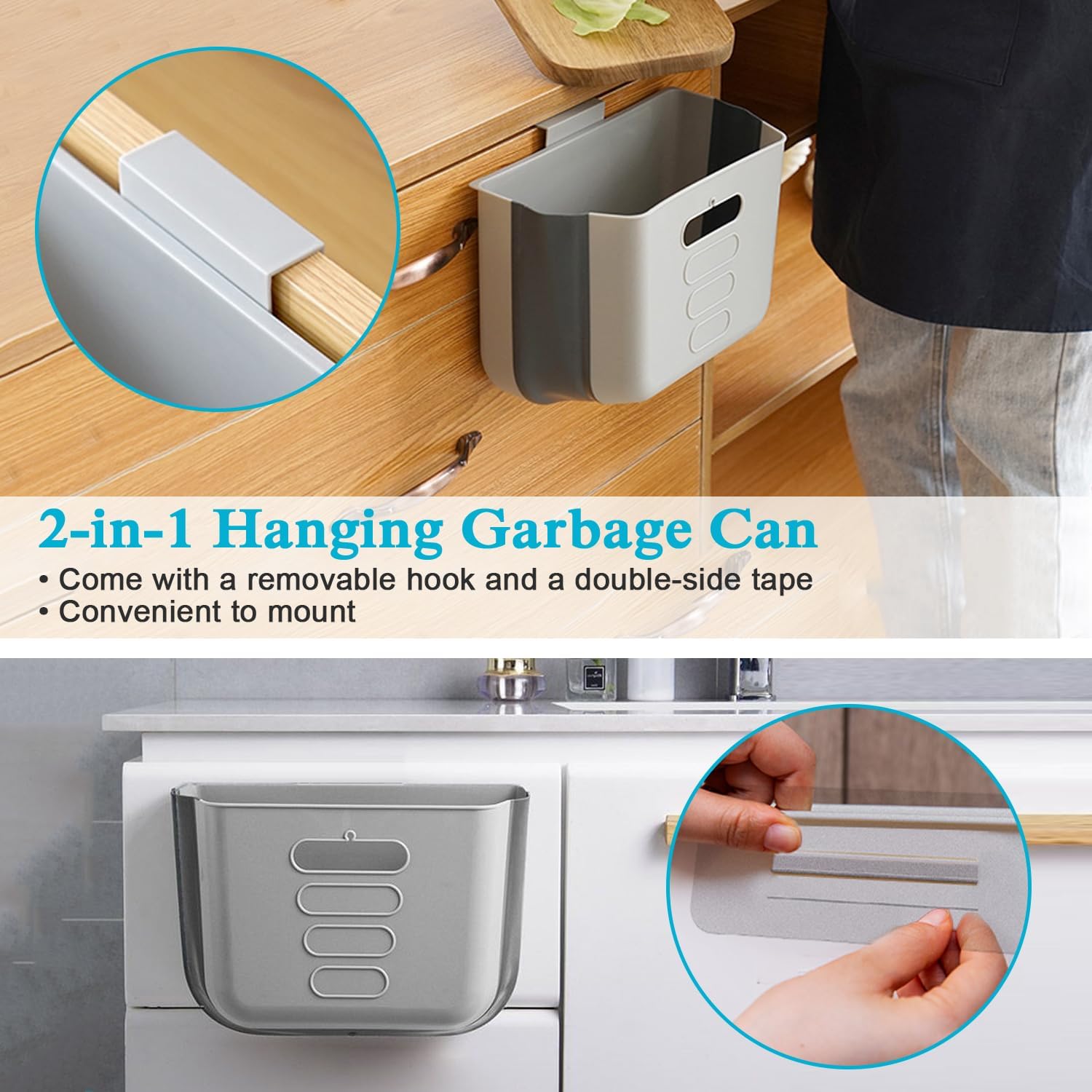 Small Kitchen Trash Can Hanging Cabinet Trash Can Collapsible Garbage Can Plastic Portable Trash Bin for Kitchen Bathroom Office Car Dorm Restroom Camping, Wall Mounted Compact Trash Container (Gray)