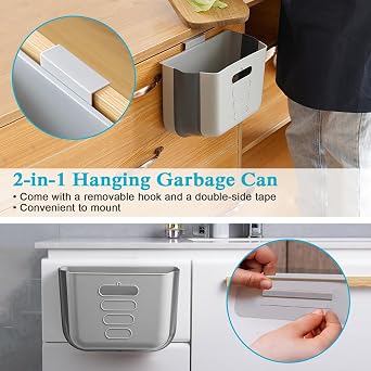 Hanging Kitchen Waste Bin Small Trash Can Foldable Plastic Dustbin Portable Cabinet Rubbish Bin Wall Mounted Garbage Trash Bin for Kitchen Cupboard Door Bathroom Bedroom Office Car Dorm (Grey)