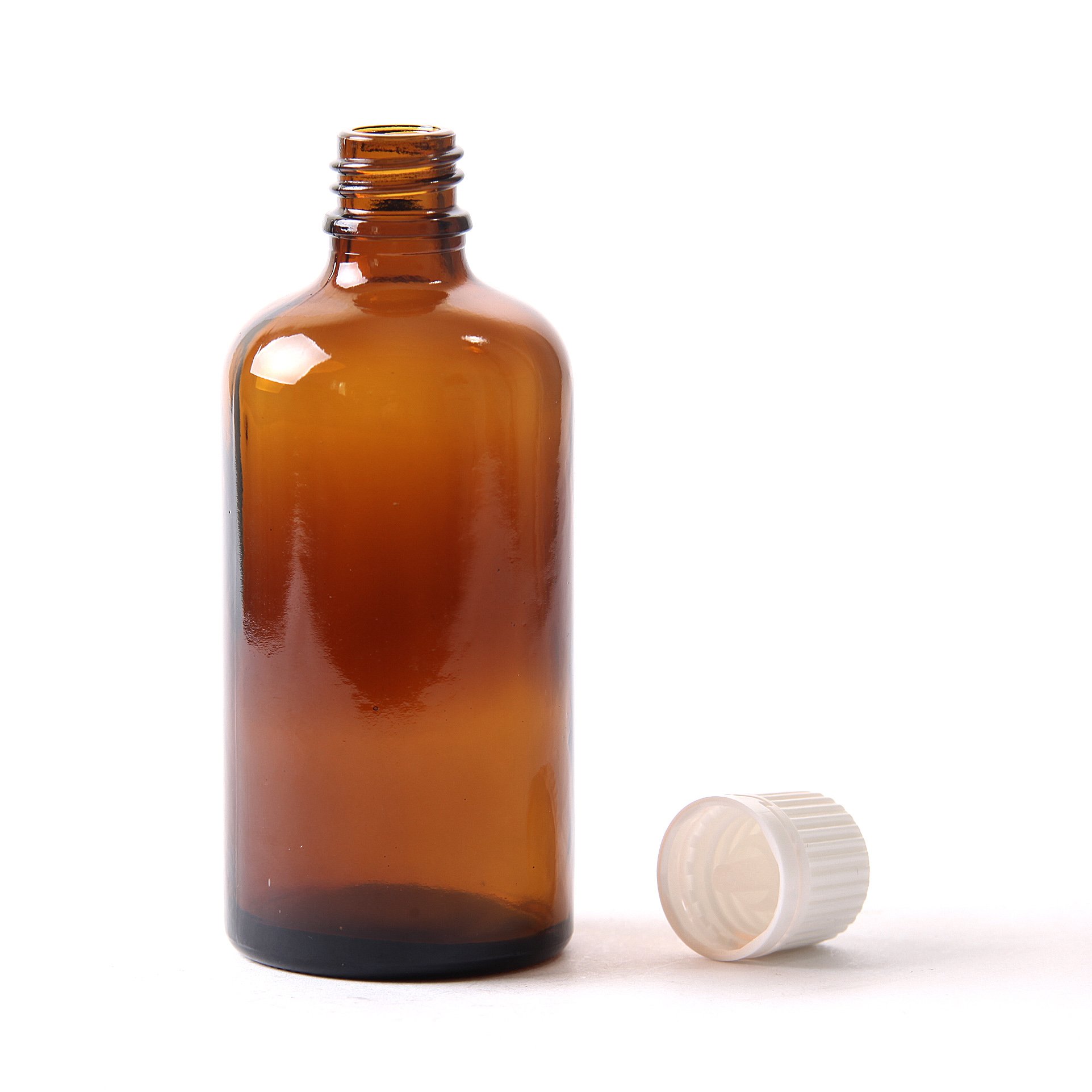 100ml Bernstein Glas Boston Rund Flasche (Mit Weißen Originalitätsverschluss & Tropfer)