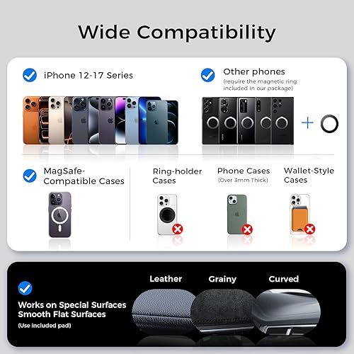 Miniatura 6 de NeverFall - Soporte de teléfono para automóvil MagSafe 78 + libras de ultra agarre  2400 gf de potencia magnética Soporte plegable de 360 para