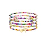 Stocking Stuffers for Kids Girls Teen - 5PCS Colorful Beaded Initial Bracelets for Women Girls, Cute Stretch Heart Letter Bohemian Stackable Bracelet Birthday Gifts Jewelry for Kids Teen Girl