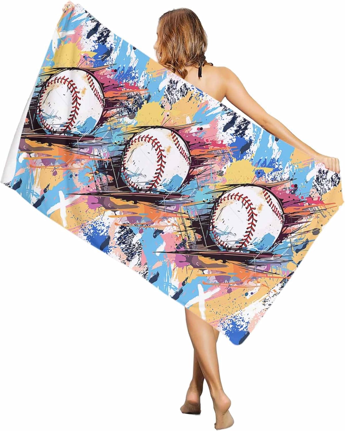 Baseball Beach Towel Oversized Pool Towel for Boy Girl, White Baseball Large Microfiber Swimming Towels for Kid, Colorful Softball Quick Dry Bath Towels for Outdoor Sand Camping Travel 30"x60"