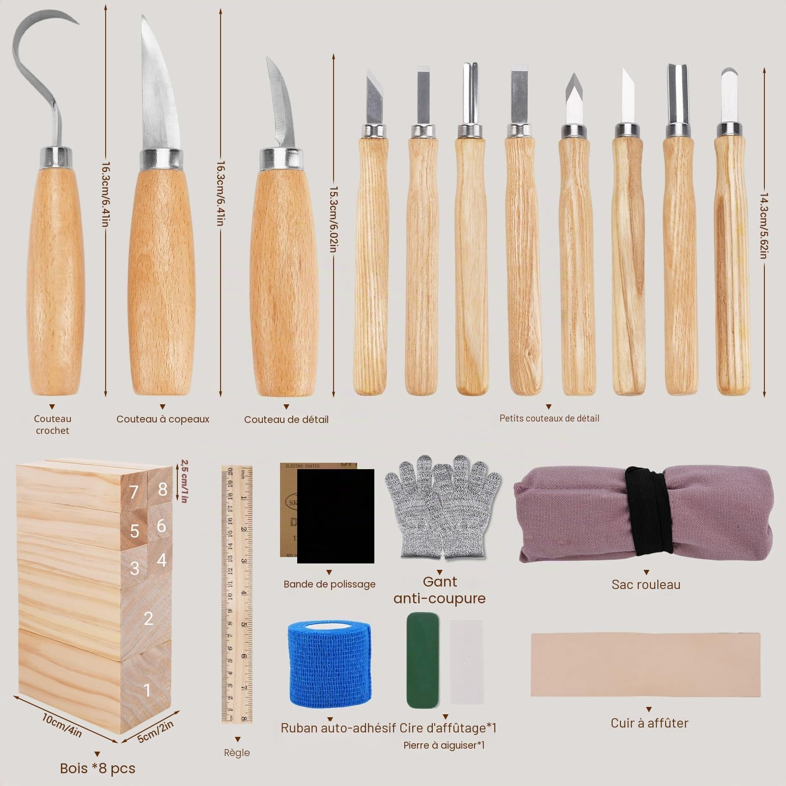 Kit Sculpture Bois 28 en 1, Outils de Sculpture avec Couteaux de Sculpture, Ciseaux à Bois, Gants Résistants aux Coupures, Sac de Transport, Outils de Sculpture pour Adultes, Enfants, Débutants