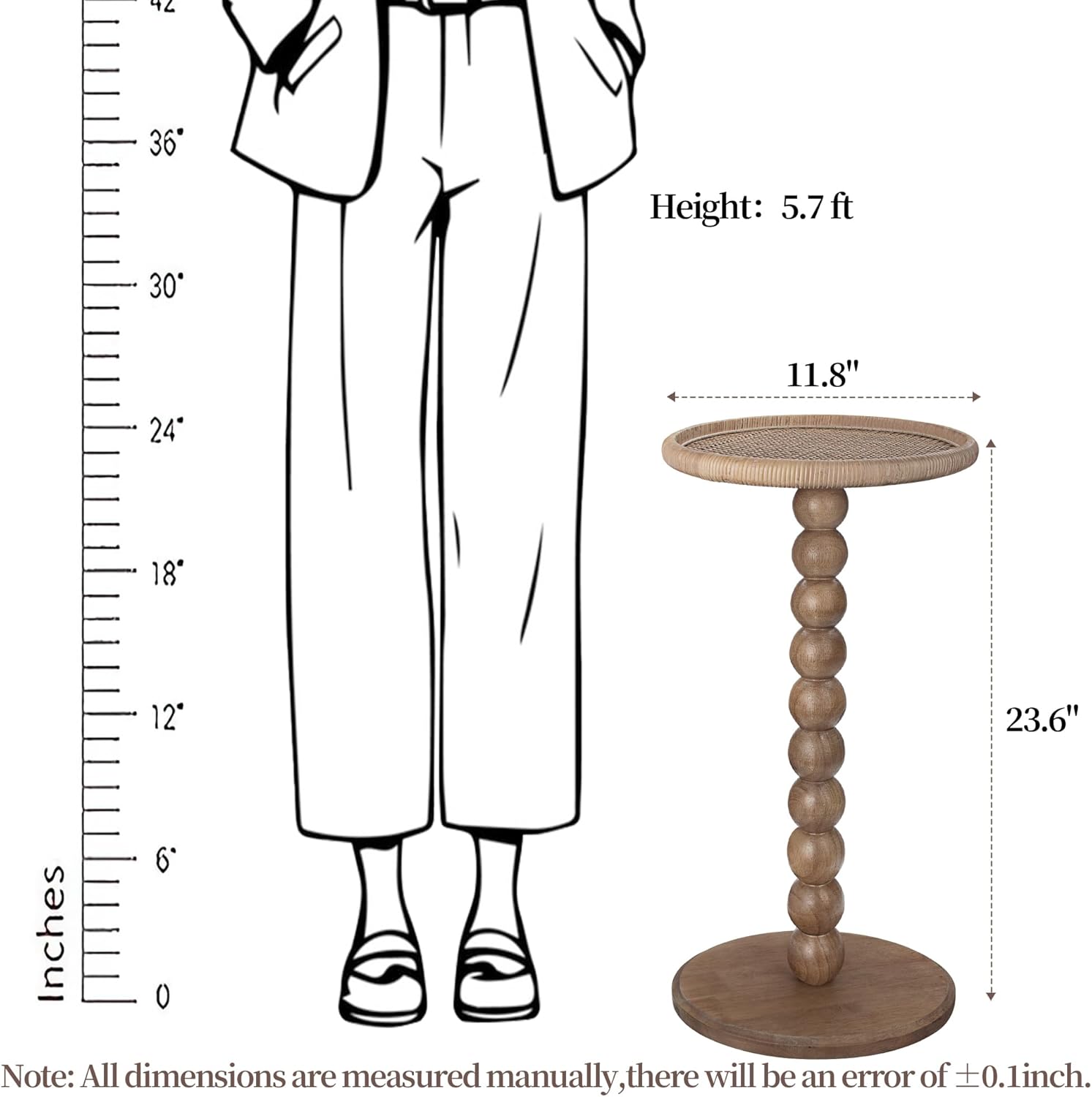 Rattan Side Table, Boho Small Accent Table, Solid Wood Round End Tables for Couch, Modern Bedside Table for Small Spaces, Living Room, Bedroom, Corners, Walnut