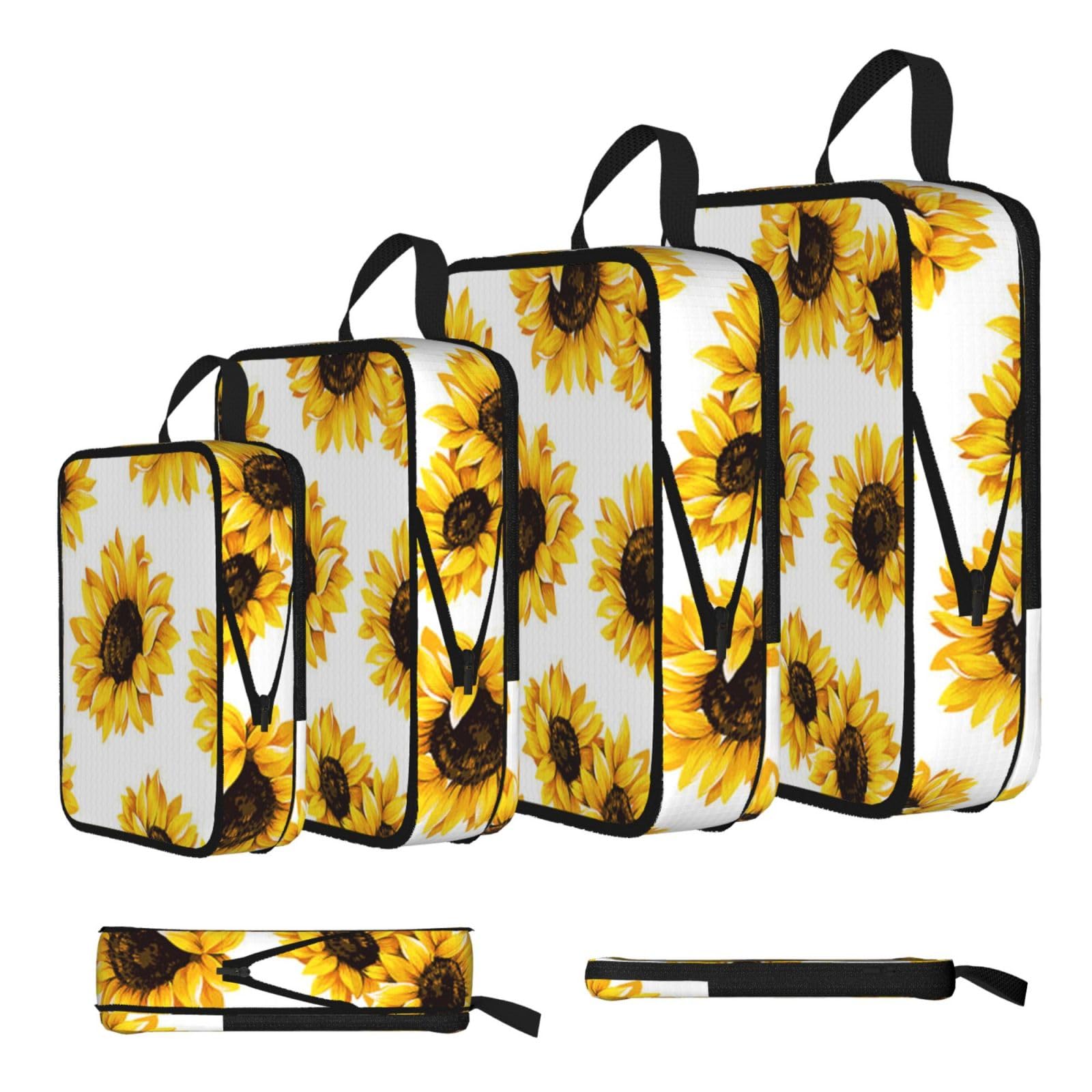 Sunflower Print Compression Packing Cubes 4-Piece Set With Multi- Compartment Travel Bag, Waterproof Suitcase Organiser Bags