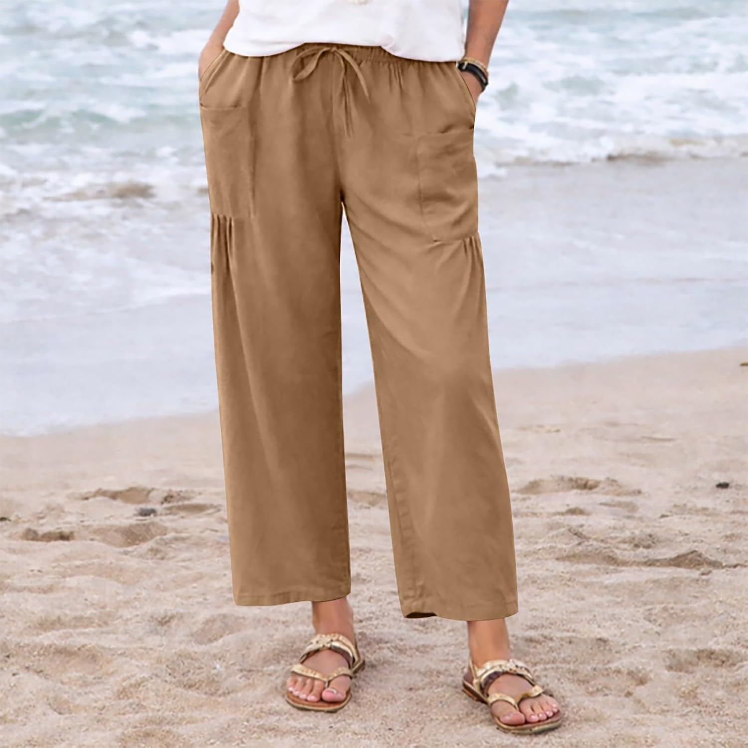 Womens Wide Leg Pants Travel Casual Lounge High Waist Flowy Palazzo Pants with Pockets Summer Beach Clothing