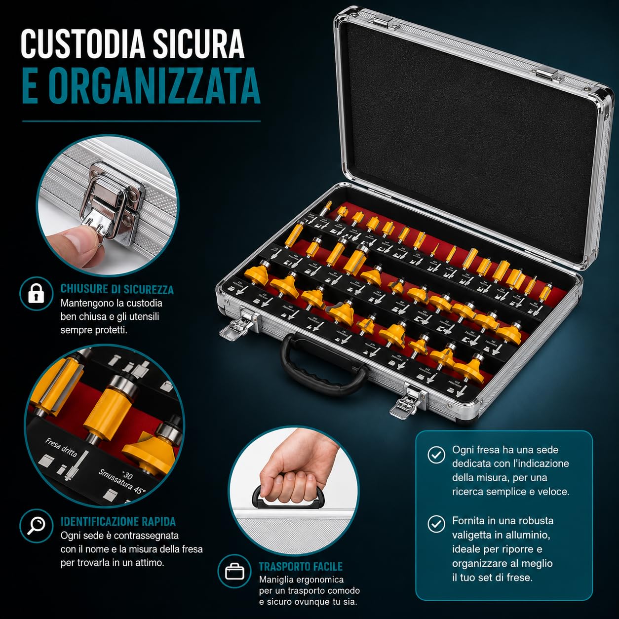 Topolenashop Set 35 Frese per Legno con Codolo 8 mm – Kit Frese per Fresatrice Verticale, Rifilatore e Router, Frese Professionali per MDF, Compensato, Legno Duro e Morbido con Valigetta | 610103