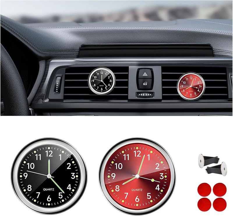 Mini relógio analógico luminoso DXNQ para carro com clipe de ventilação e fita adesiva – 2 unidades vermelho e preto
