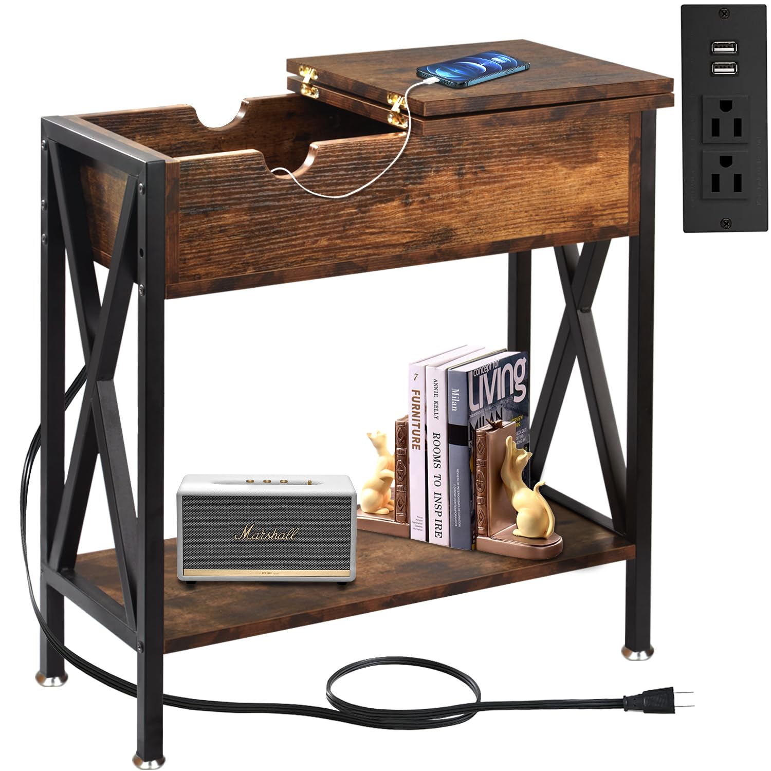 toocust end tables living room with charging station, 12" d x 24" w x 24" h, flip top side table with usb ports and outlets, couch end tables, narrow end table with 5.5" deep drawer