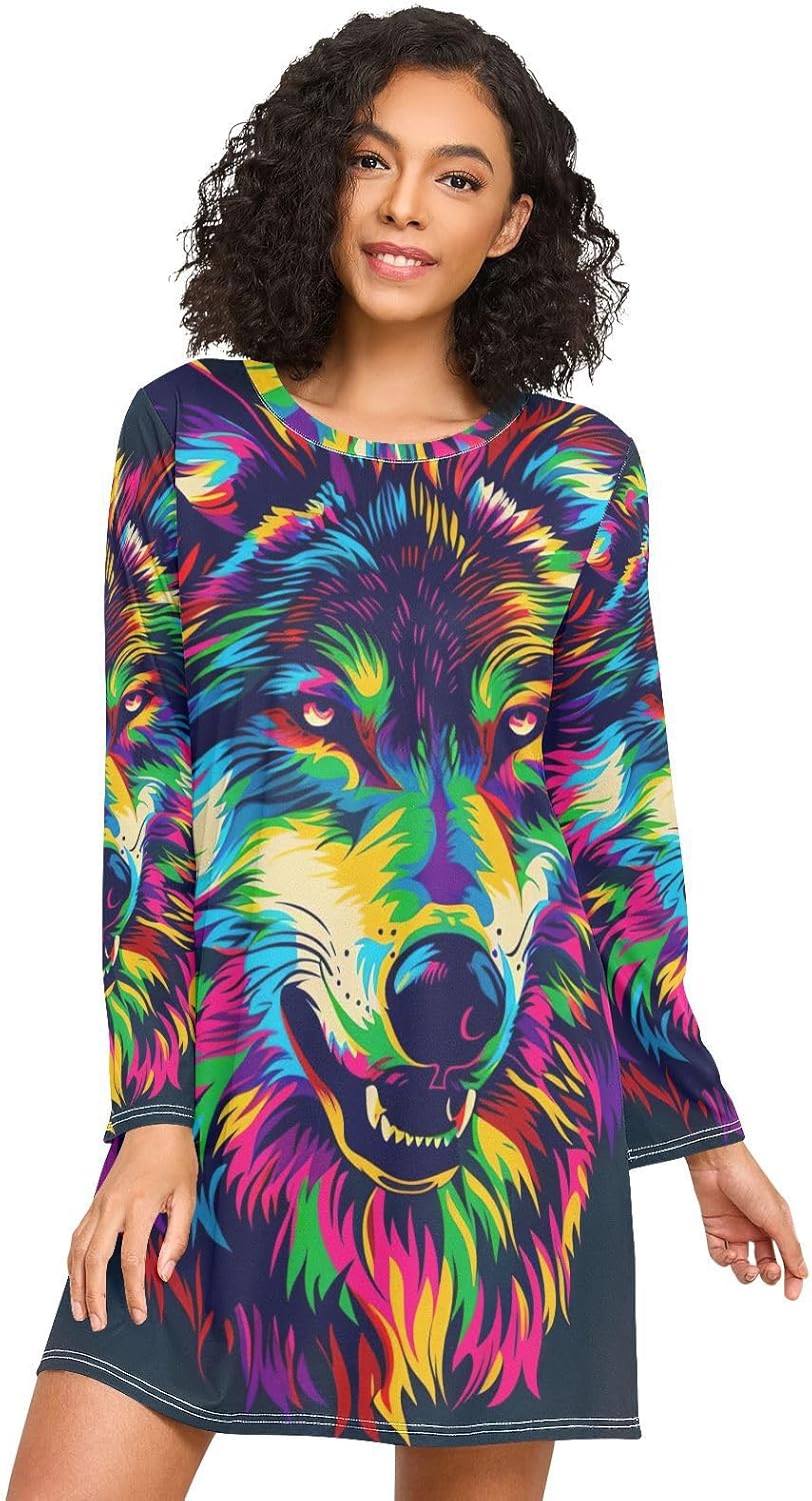 Watercolor Wolf Head Print Sleep Shirts for Women, Long Sleeve Womens Nightgown, Comfortable Sleepwear for Fall Winter