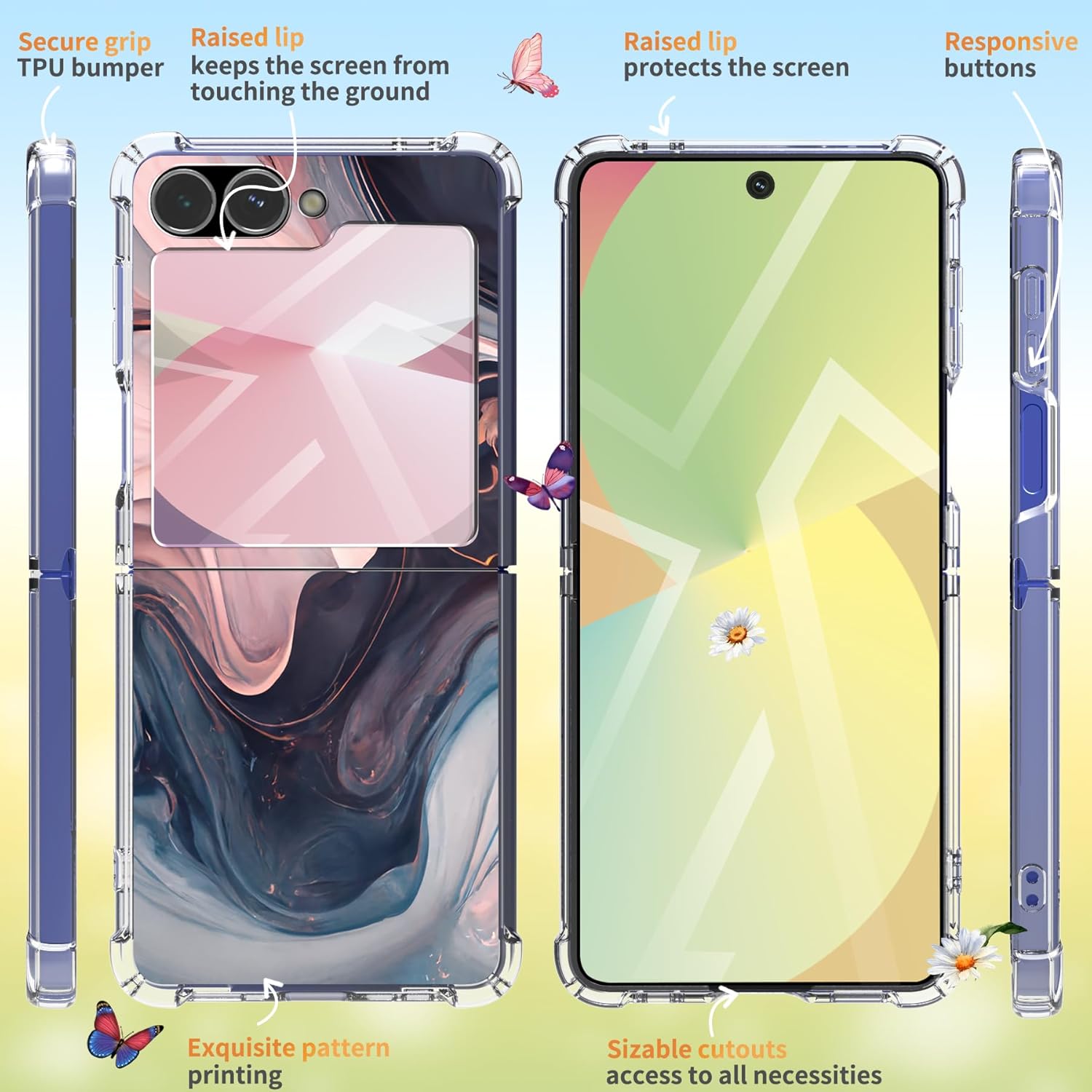 for Samsung Galaxy Z Flip 7 FE Case 5G Flowers Slim Anti-Drop Shockproof Protective Soft Shockproof Clear Phone Protective Covers 6.7 Inch for Z Flip 6 (Night with Holder)