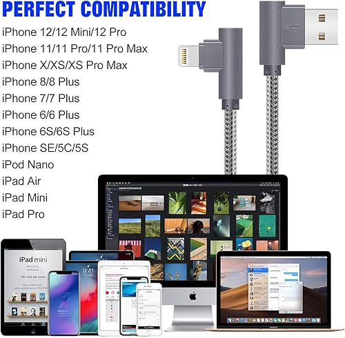 Vista 5 de APFEN Cable de carga Lightning para iPhone con certificación MFi de 90 grados, cable de datos rápidos de nailon trenzado compatible con iPhone Xs