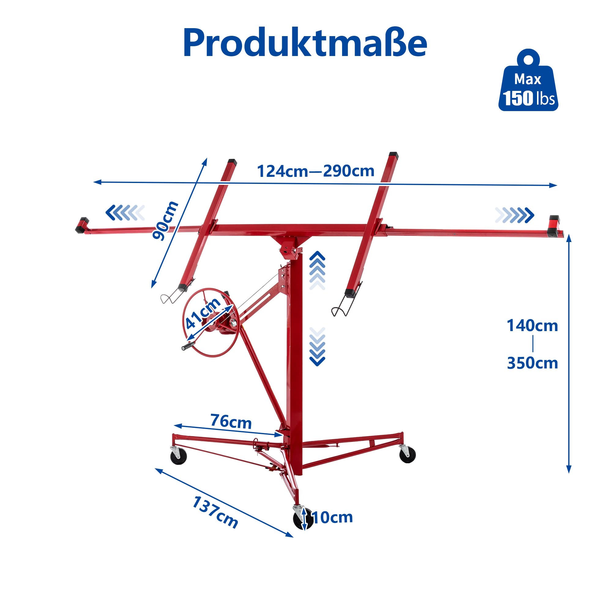 Elevador Placas Pladur XXL, 140-350/180-470 cm de Altura de Trabajo, Ajustable en Altura, 68 kg de Carga máxima, 290 cm de Brazo de Carga para Placas de Yeso 3 Ruedas giratorias