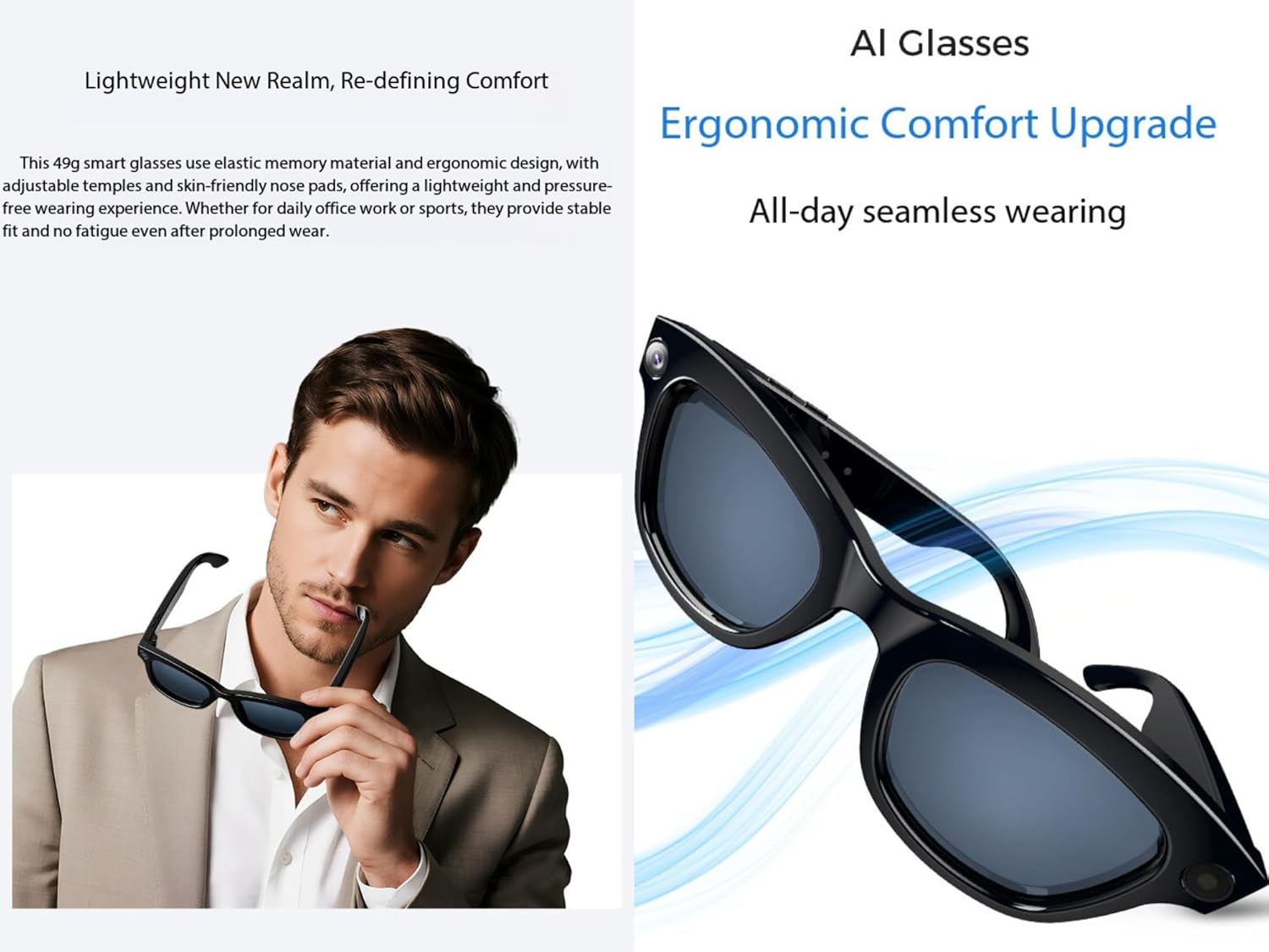 AI Smart Glasses with 8MP Camera, 1200P Video Recording, Real-Time Translation, Touch Control, Bluetooth Audio, 49g Lightweight, Black Sunglasses Style