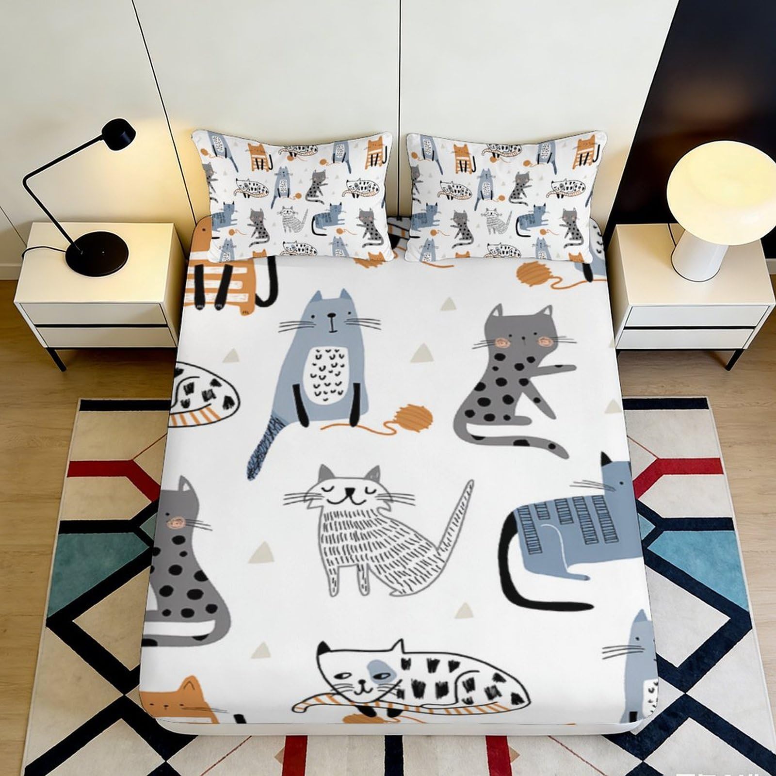 3D Printed Cartoon Cat Fitted Sheet Microfiber Soft Washable Animal Bed Sheet for Bedroom Guest Room Decor 90x200x25cm
