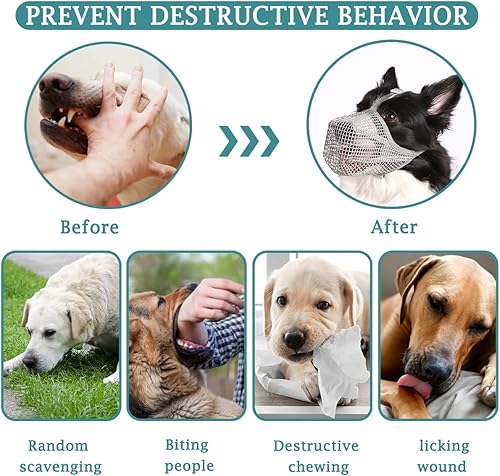 Miniatura 5 de Bozal para perro, bozales cubiertos de malla suave para perros pequeños, medianos y grandes, bozal de protección de cebo envenenado con correas