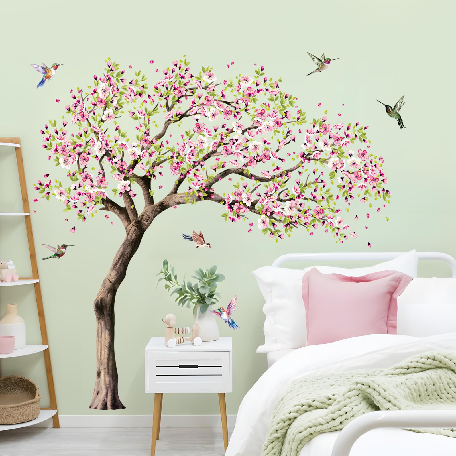 Large Blooming Cherry Tree Wall Stickers Pink Peach Blossom Tree Hummingbirds Wall Decals Peel and Stick Spring Wall Art Decor for Girls Bedroom Living Room Kitchen Sofa TV Backdrop Wall Decoration - Image 3