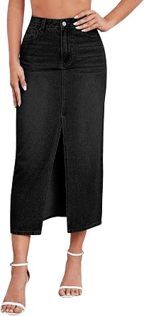 Stylish Womens Stretch Denim Skirt Mid-Length Comfortable & Curve-Hugging with Center Slit