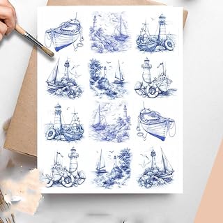1 PC Decoupage Rice Paper, Beautiful Vintage Blue Nautical Scenes Decorative, Perfect for Scrapbooking, Journaling, Christmas Ornaments, Seashells, Candles, Decoupage Paper US Letter Size 8.5x11