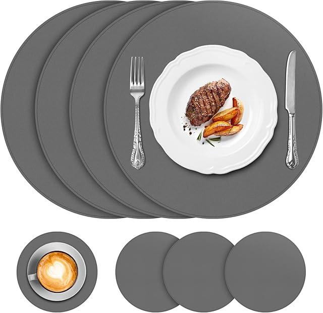 APLKER Faux Leather Placemats for Dining Table, Round Placemats and Coasters Set of 4, Heat & Stain Resistant Non-Slip Washable Elegant Table Mats for Parties BBQ Holidays (Set of 4, Grey)